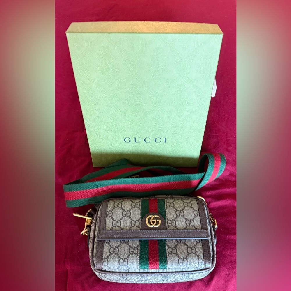 Gucci Signature Gray Crossbody Bag with Green and Red Stripes Ophidia Mini Bag